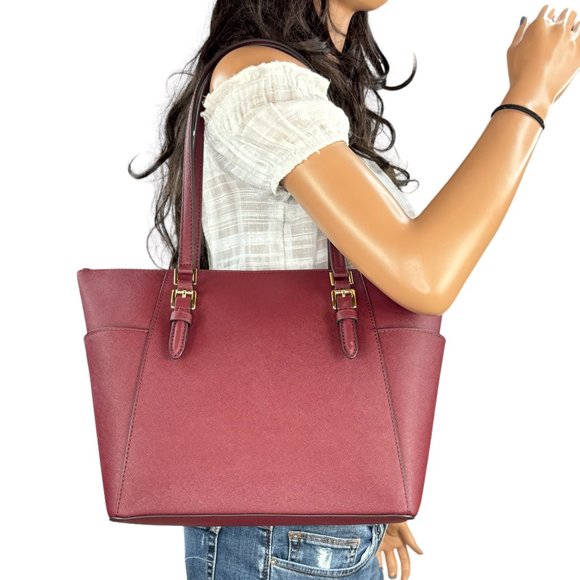 Michael Kors Charlotte Large Top Zip Shoulder Tote Bag Dark Cherry - Picture 2 of 14